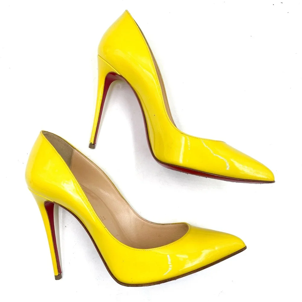Christian Louboutin‎ So Kate Pumps Yellow Patent Leather Pointed Heels Sz 38 / 8